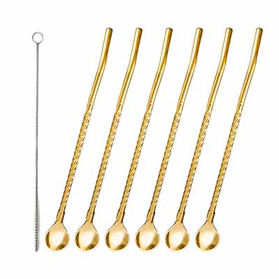 قاشق شربت خوری طلایی مدل Straw spoon بسته 6 عددی به همراه فرچه