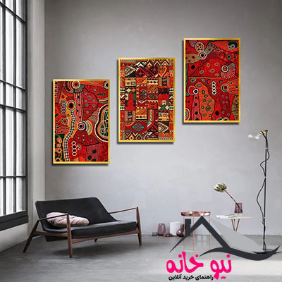 تابلو بکلیت طرح دکوراتیو مدرن و انتزاعی مدل T-3428 فریم طلایی مجموعه 3 عددی